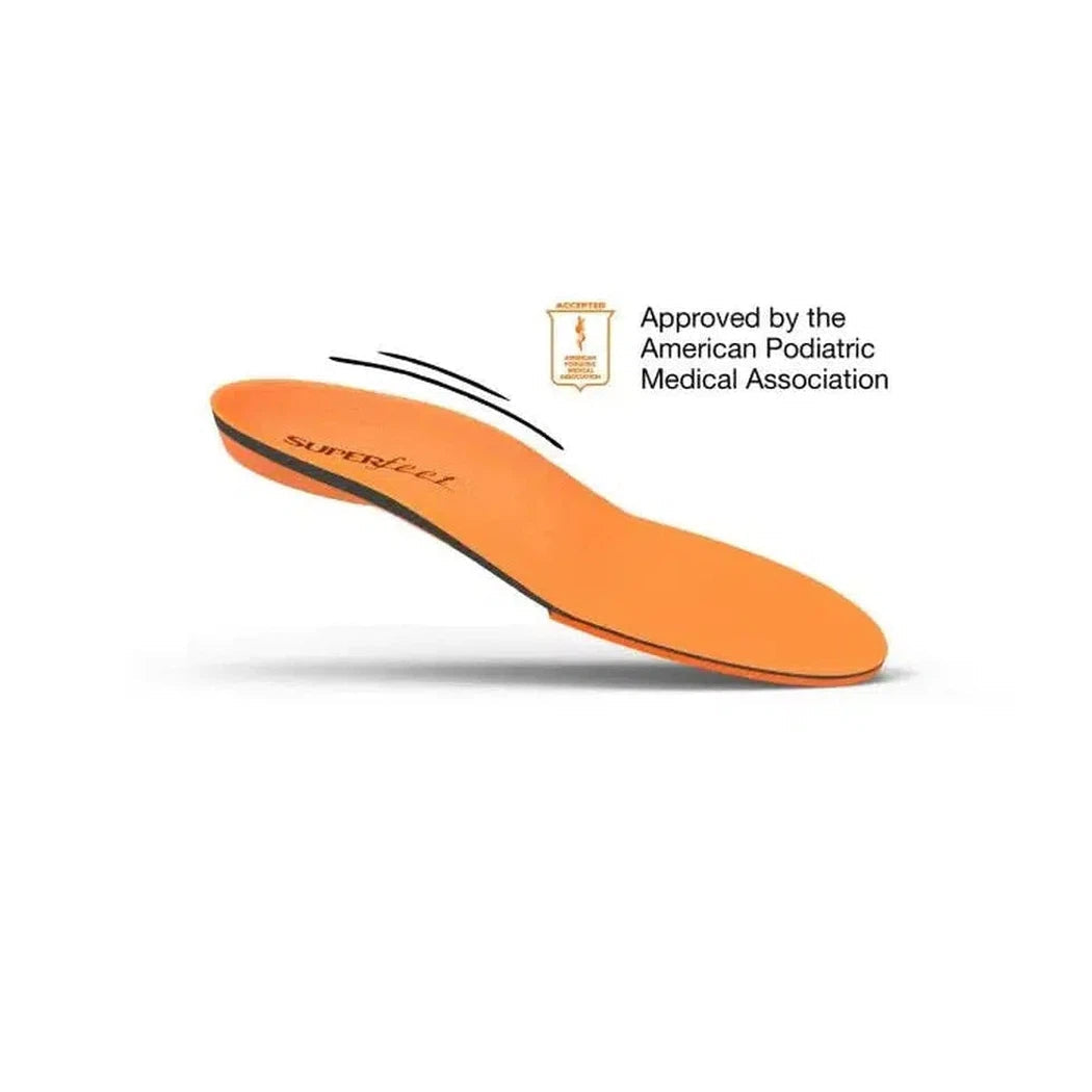 Side view of the Superfeet All-Purpose High Impact Support insole against a white background with the American Podiatric Medical Association approval logo.