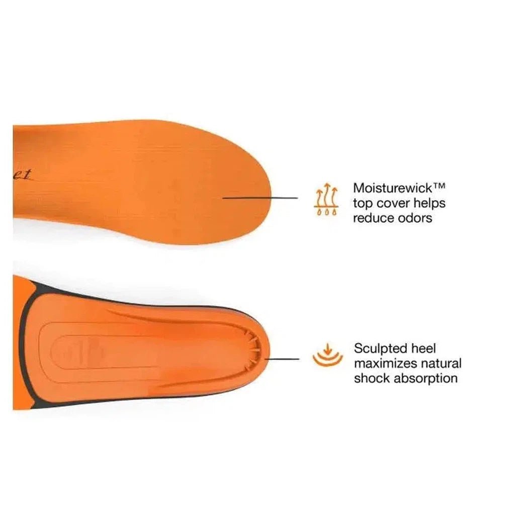Top and bottom views of the Superfeet All-Purpose High Impact Support insoles showing moisturewick top cover and sculpted heel.
