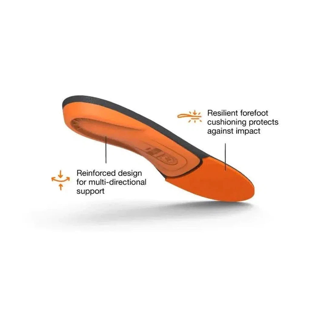Side view of the Superfeet All-Purpose High Impact Support in orange showing the reinforced design and resilient forefoot cushioning against a white background.