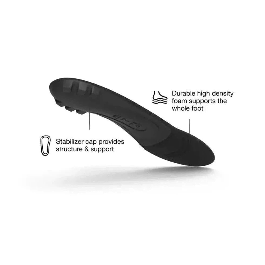 Side view of the Superfeet All-Purpose Support Low Arch insole showing the stabilizer cap and durable foam against a white background.