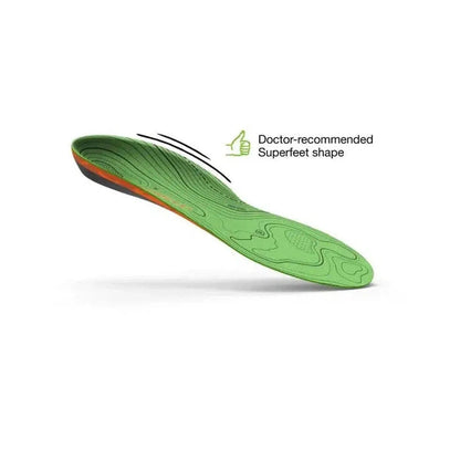 Side view of the Superfeet Hike Support insoles with a doctor-recommended Superfeet shape against a white background.