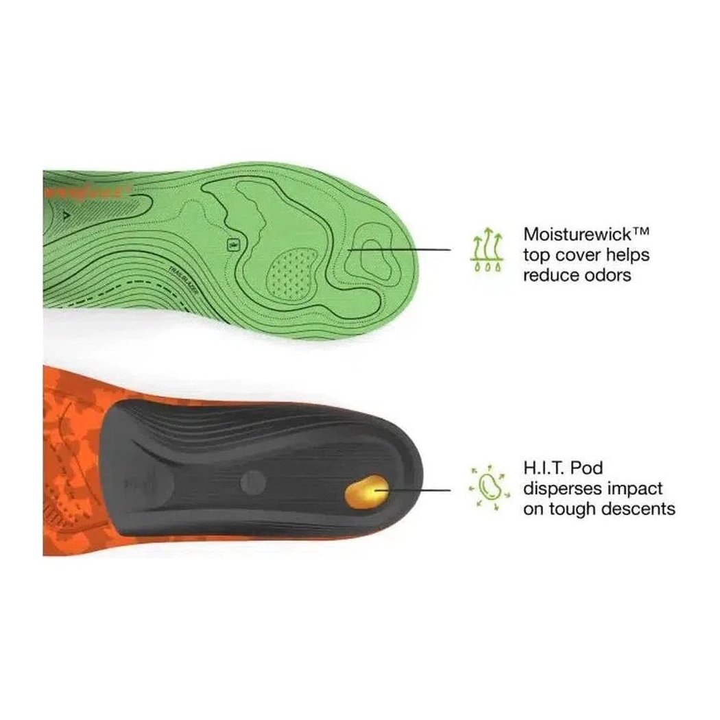 Top view of the Superfeet Hike Support insoles showing the Moisturewick top cover and H.I.T. Pod feature against a white background.