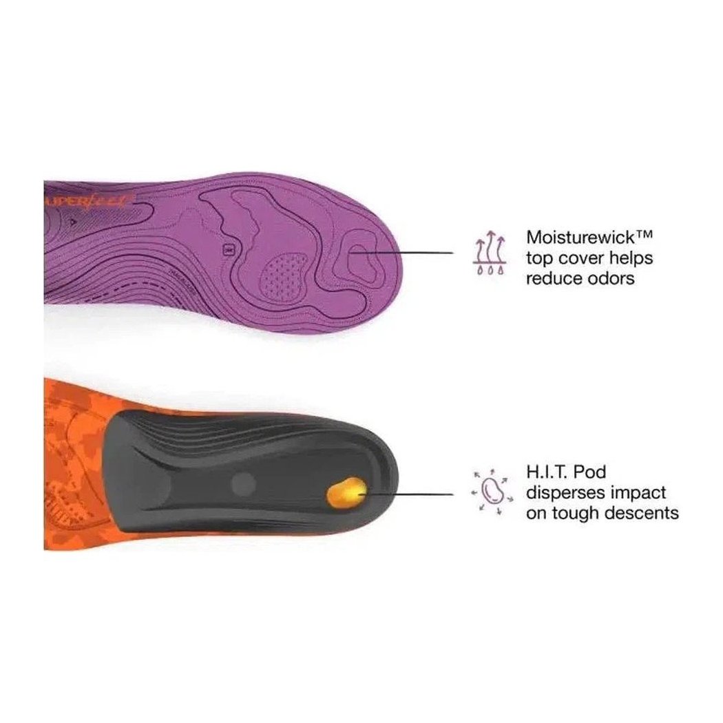 Top view of the Superfeet Hike Women's Support insoles showing the Moisturewick top cover and H.I.T Pod feature against a white background.