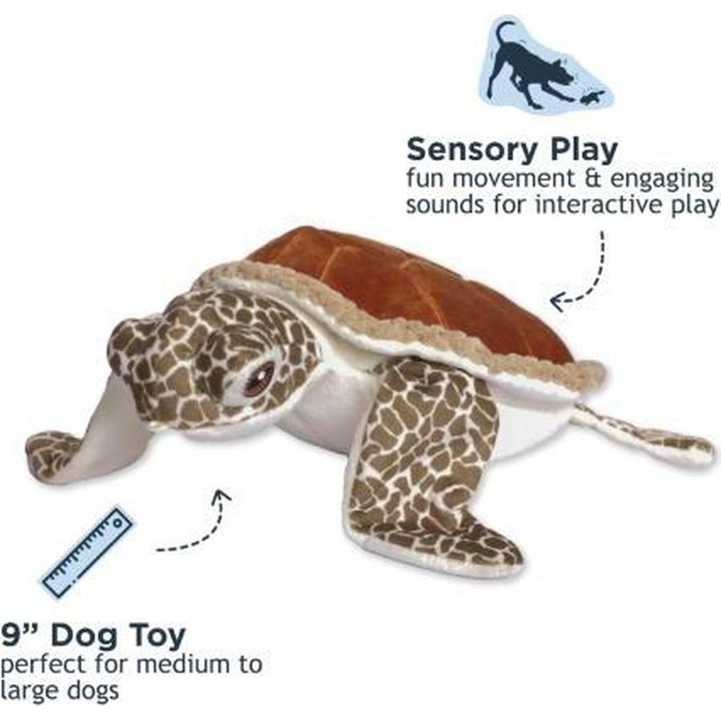A front view of the Tall Tails Animated Sea Turtle Dog Toy showing its brown shell and patterned body against a white background.