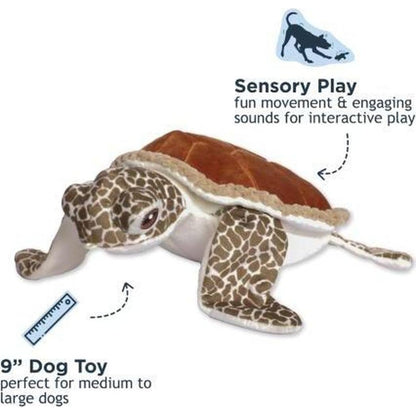 A front view of the Tall Tails Animated Sea Turtle Dog Toy showing its brown shell and patterned body against a white background.