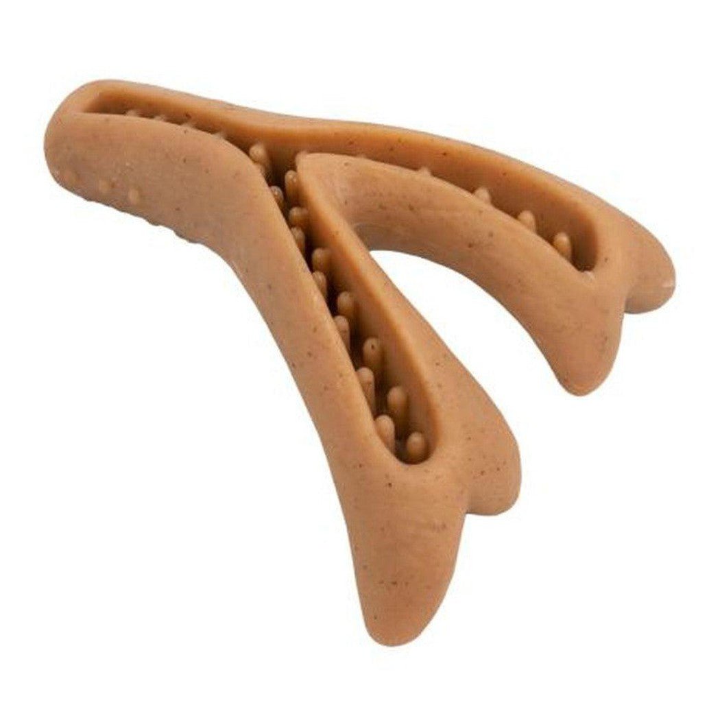 A small brown Tall Tails Antler Chew toy with a Y-shaped design and raised nubs, photographed against a white background.
