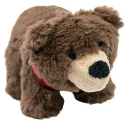 A front view of the Tall Tails Baby Bear With Squeaker brown plush toy with a red collar against a white background.