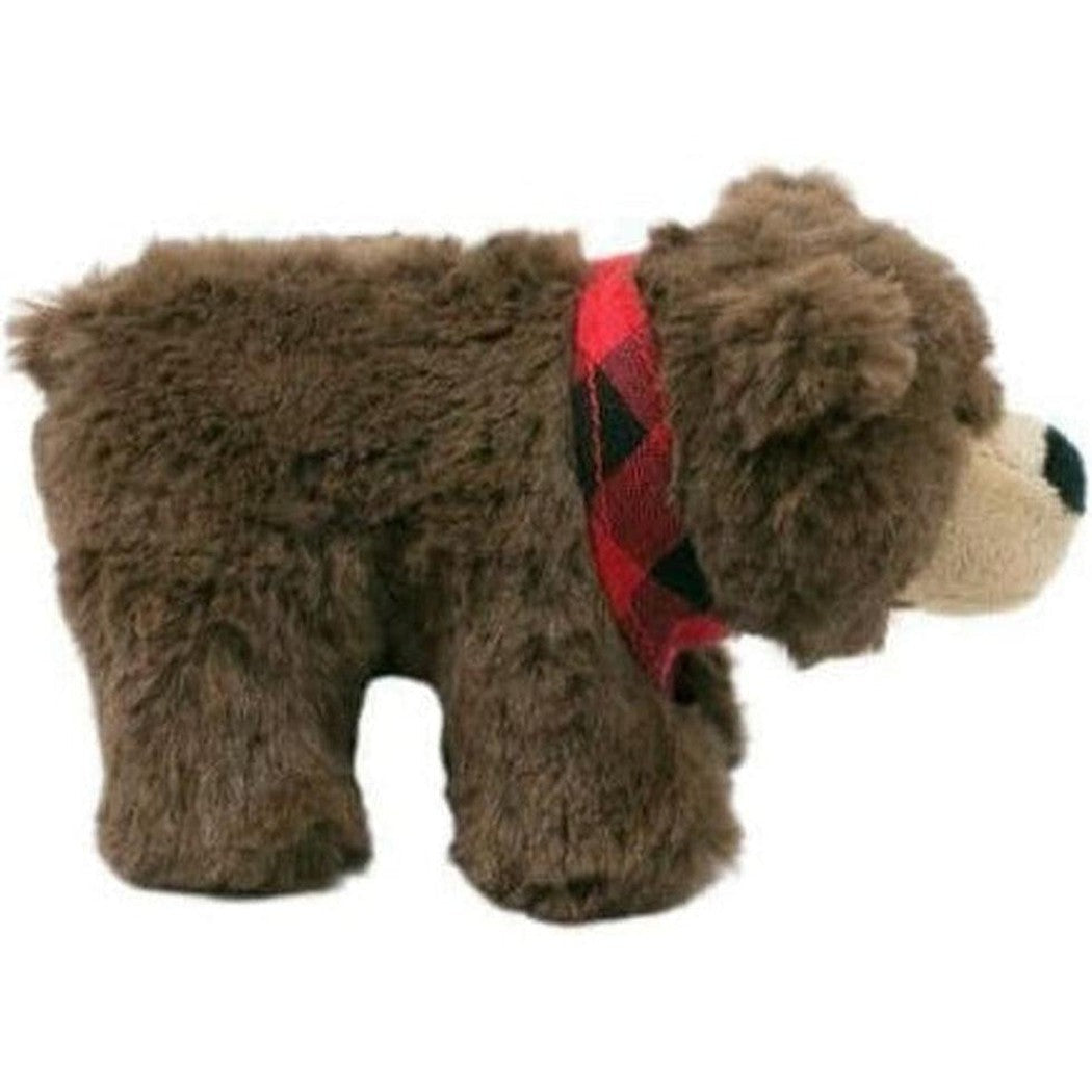 Side view of the Tall Tails Baby Bear With Squeaker showing the red and black checkered collar against a white background.