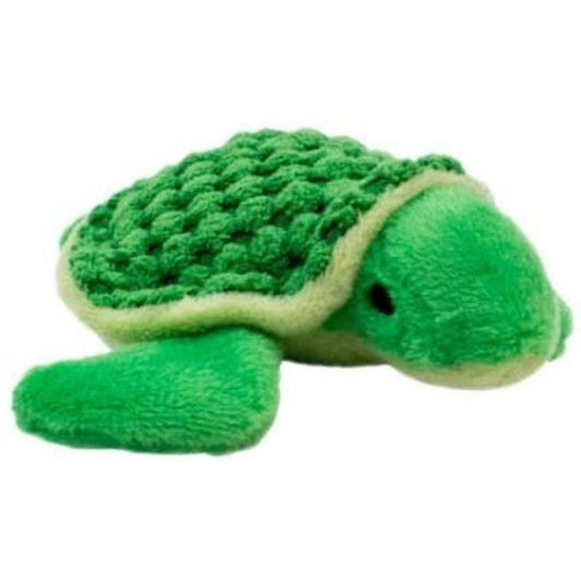 A green plush Tall Tails Baby Turtle With Squeaker Toy lying down with a white background.