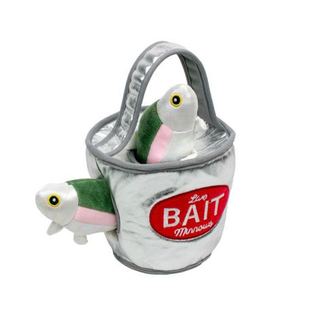 A front view of the Tall Tails Bait Bucket Squeaky Hide & Seek Toy showing two plush fish and a red "Live Bait" label on a white background.
