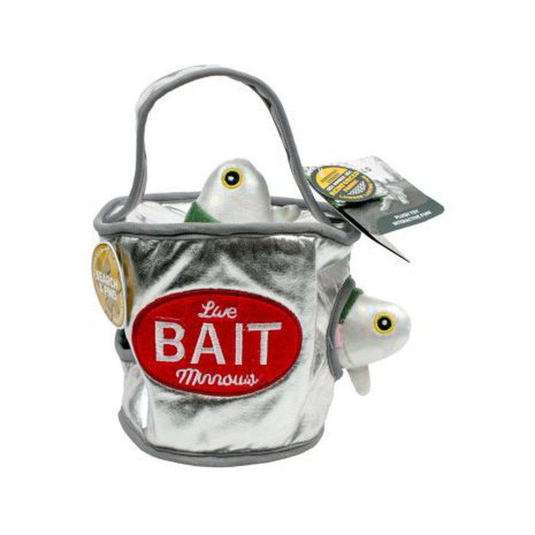 A silver Tall Tails Bait Bucket Squeaky Hide & Seek Toy with two plush fish peeking out, displayed against a white background.
