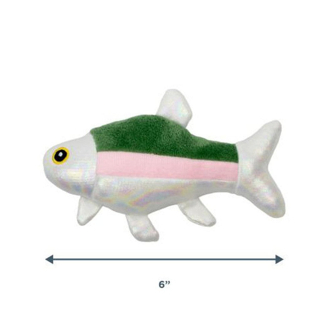 A 6 inch Tall Tails Bait Bucket Squeaky Hide & Seek Toy in green and pink with a yellow eye against a white background.