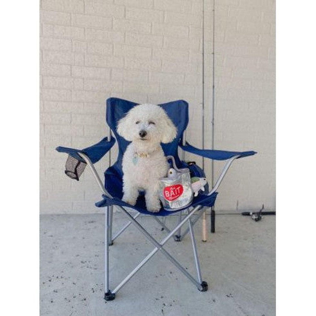 A white dog sits in a blue folding chair with a Tall Tails Bait Bucket Squeaky Hide & Seek Toy on its lap against a white brick wall.