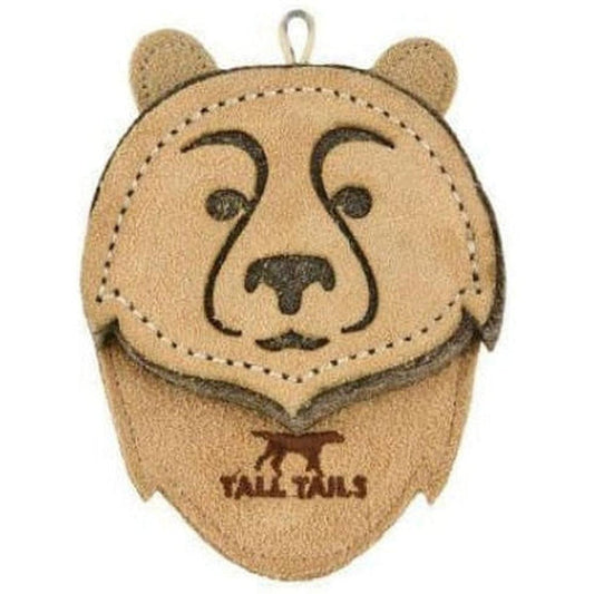 A natural, complete sentence describing the photo: A front view of the Tall Tails Bear Toy in 4" showing the stitched bear face and logo on a white background.