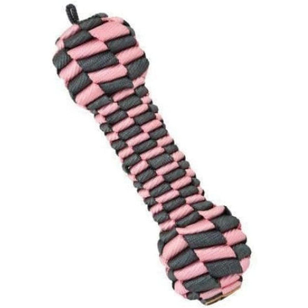 A pink and charcoal braided Tall Tails Bone Toy shown from a side angle against a white background.