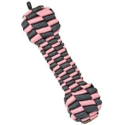 A pink and charcoal braided Tall Tails Bone Toy shown from a side angle against a white background.