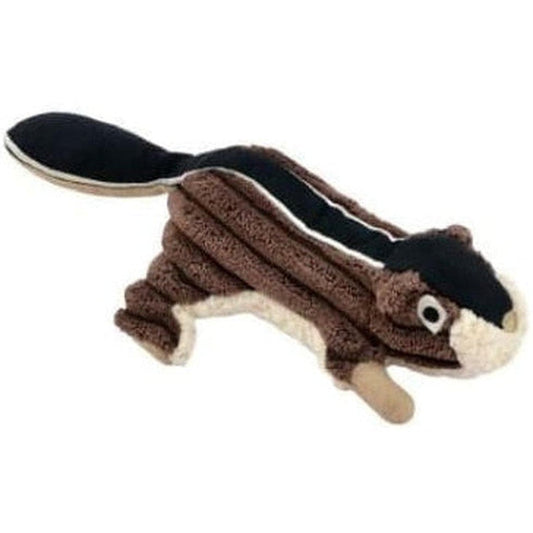A side view of the Tall Tails Chipmunk With Squeaker toy showing its brown body and black tail against a white background.