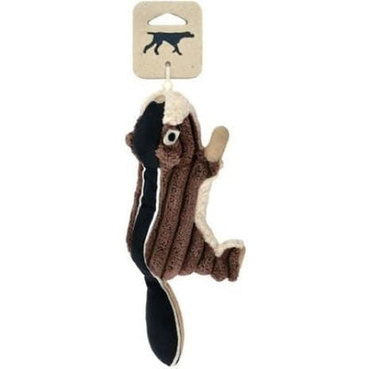 A hanging tag with a dog icon above a brown and black plush chipmunk toy with a squeaker.