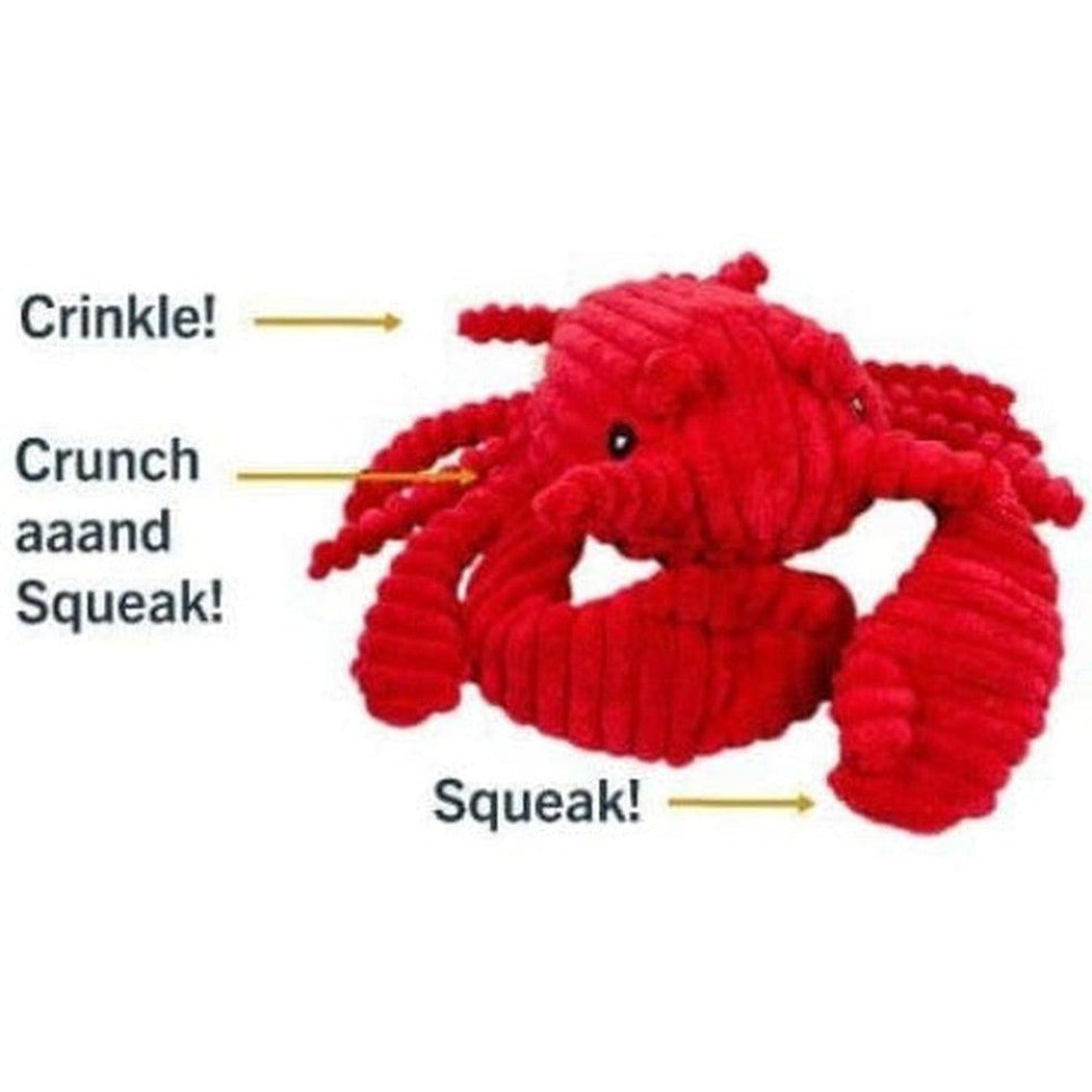 A red Tall Tails Crunch Lobster Toy with crinkle, crunch, and squeak features shown from a front angle.