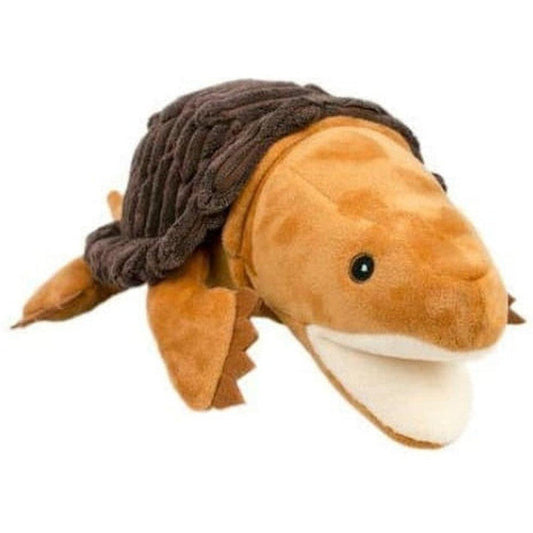 A front view of the Tall Tails Crunch Snapper Toy with a brown body and charcoal-colored shell against a white background.