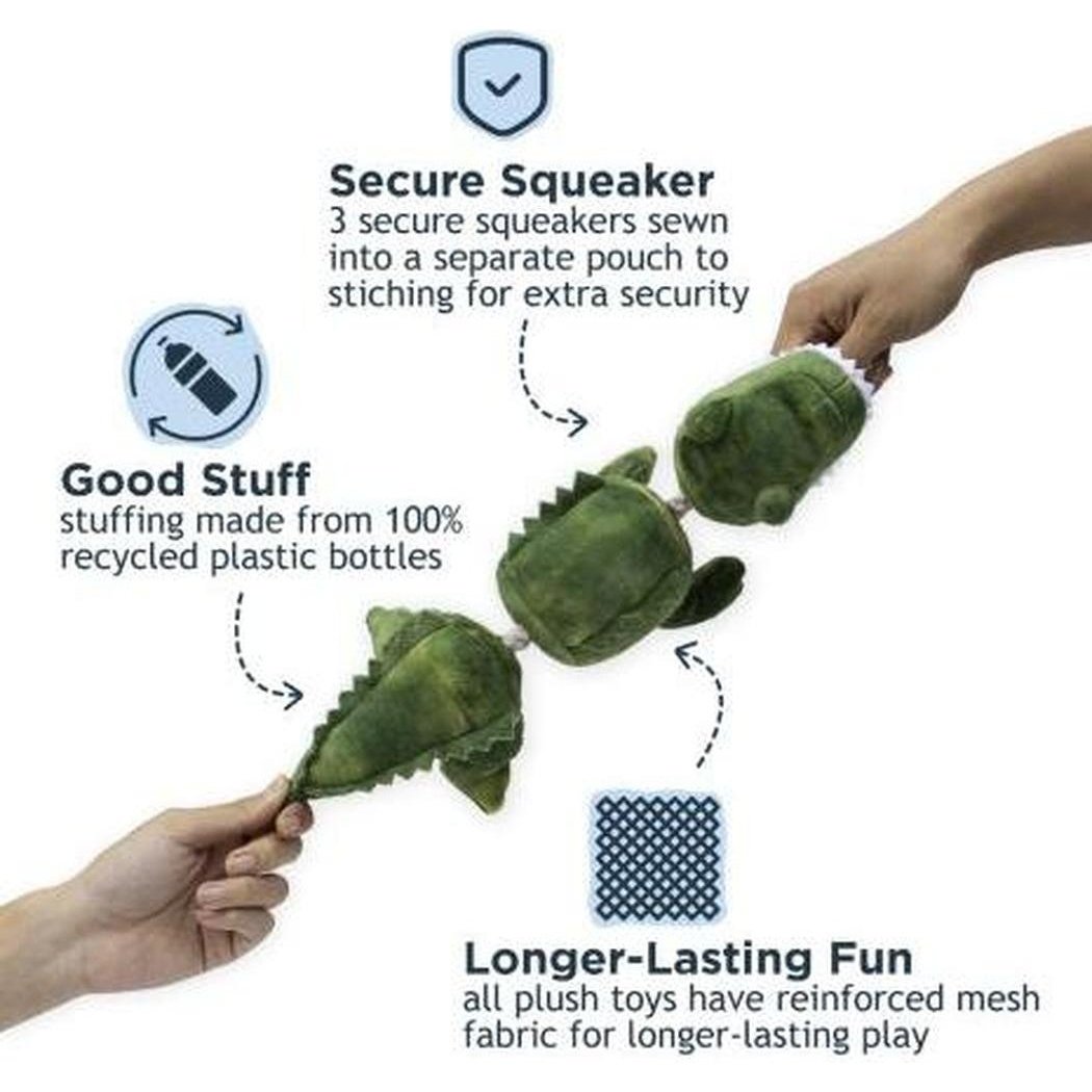 A photo of the Tall Tails Gator Jointed Shake Play Dog Toy shows its green plush segments and features like secure squeakers and recycled stuffing.