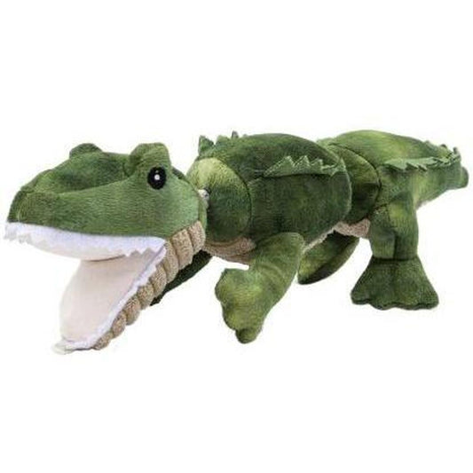 A green Tall Tails Gator Jointed Shake Play Dog Toy with an open mouth and visible teeth, shown from a front angle against a white background.