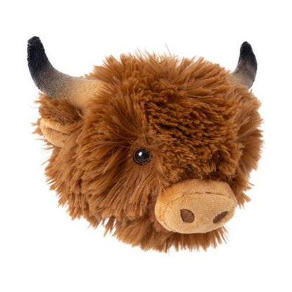 A close-up of the Tall Tails Indoor Fetch Ball 2 in 1 Toy 4" showing its fluffy brown fur and black horns against a white background.