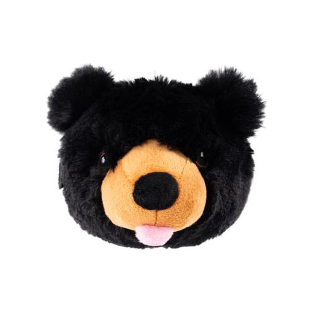 A close-up of the Tall Tails Indoor Fetch Ball 2 in 1 Toy 4" Black Bear, showing its black fur and tan snout against a white background.