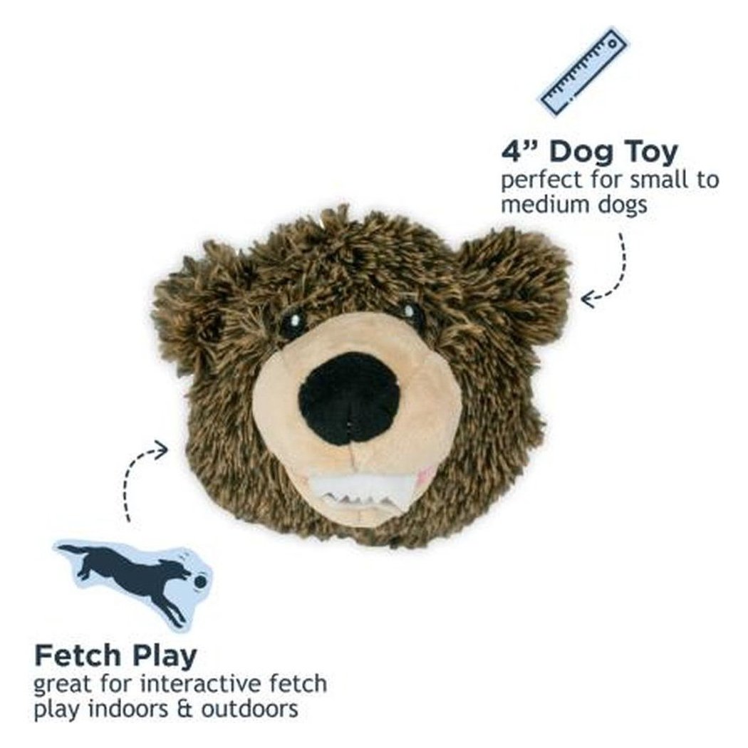 A close-up of the Tall Tails Indoor Fetch Ball 2 in 1 Toy 4" Black Bear, showing its plush bear face and a running dog icon for fetch play.