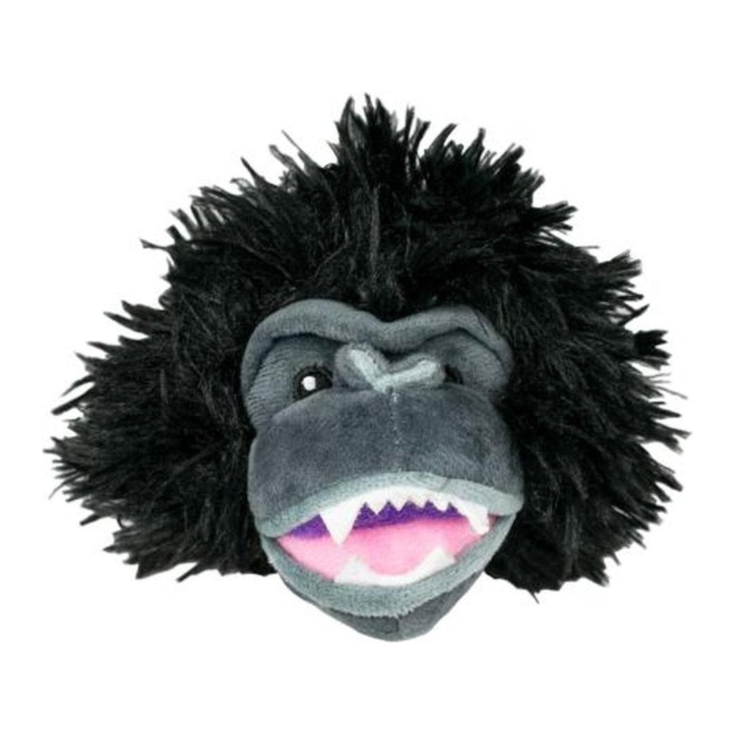 A front view of the Tall Tails Indoor Fetch Ball 2 in 1 Toy 4" Black Bear showing its furry head and open mouth against a white background.