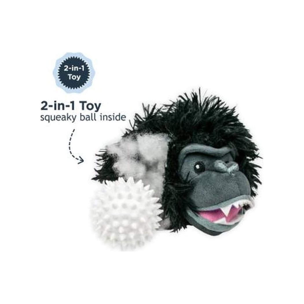 A close up of the Tall Tails Indoor Fetch Ball 2 in 1 Toy 4" Black Bear showing the squeaky ball inside against a white background.