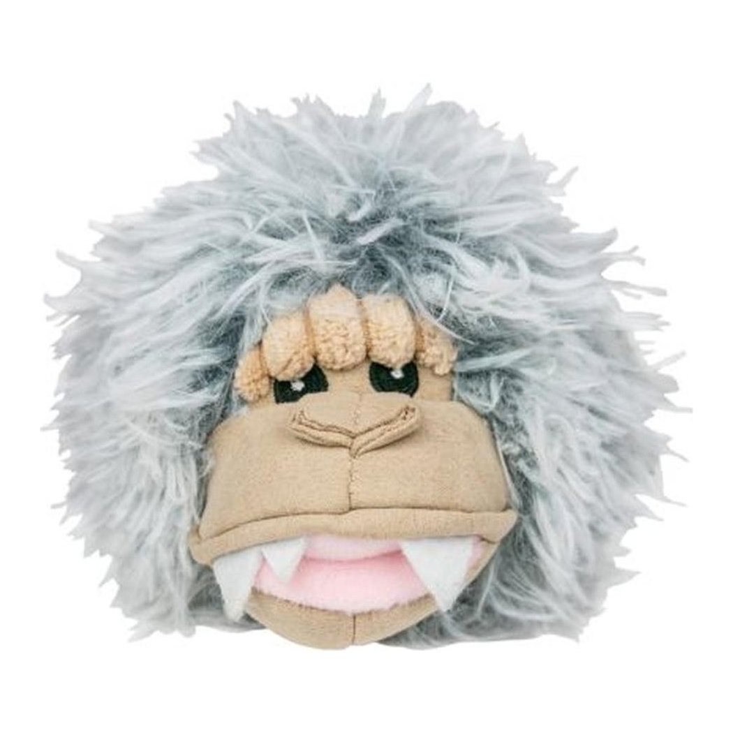 A close-up of the Tall Tails Indoor Fetch Ball 2 in 1 Toy 4" in Black Bear color, showing its furry head and teeth against a white background.