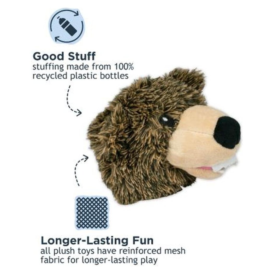 A close-up of the Tall Tails Indoor Fetch Ball 2 in 1 Toy 4" Black Bear plush toy showing its brown fur and black nose.