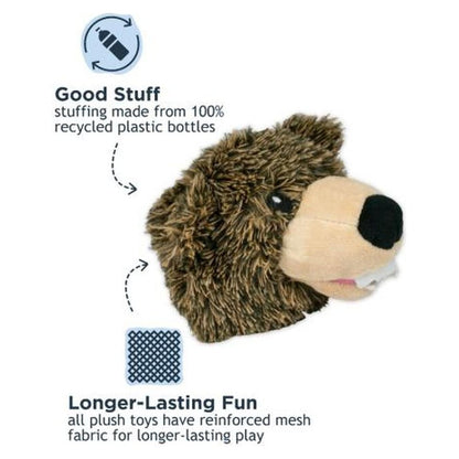 A close-up of the Tall Tails Indoor Fetch Ball 2 in 1 Toy 4" Black Bear plush toy showing its brown fur and black nose.