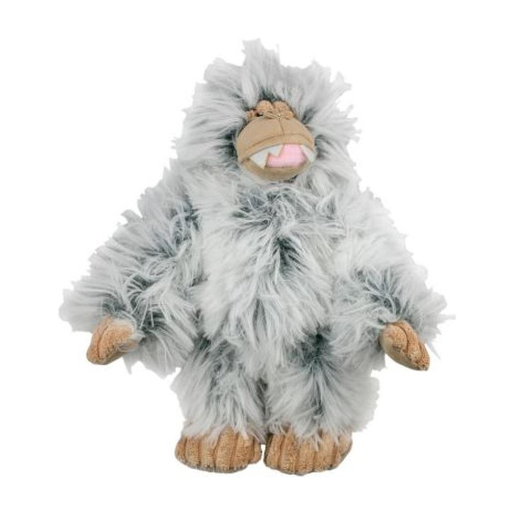 A front view of the Tall Tails Mini Yeti with Squeaker toy showing its fluffy gray fur and brown hands against a white background.