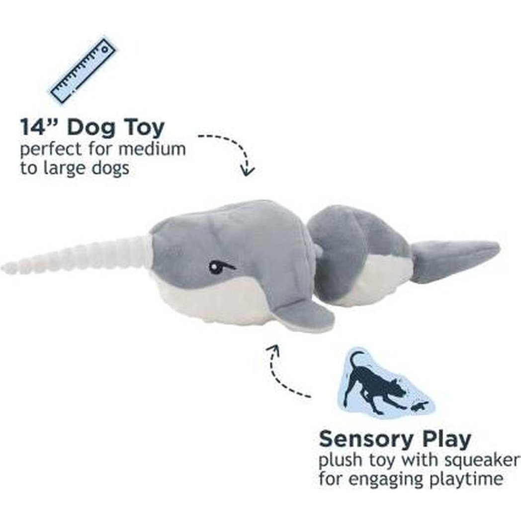 A 14" Tall Tails Narwhal Jointed Shake Play Dog Toy in gray and white with a squawking feature for medium to large dogs.