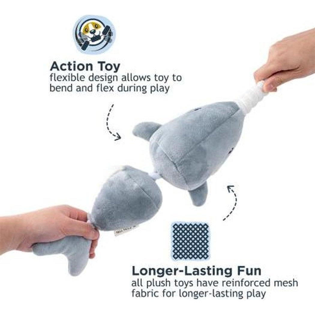 A photo of the Tall Tails Narwhal Jointed Shake Play Dog Toy showing its flexible design and reinforced mesh fabric against a white background.