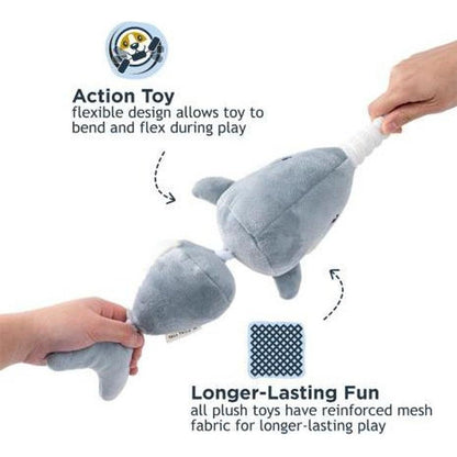 A photo of the Tall Tails Narwhal Jointed Shake Play Dog Toy showing its flexible design and reinforced mesh fabric against a white background.