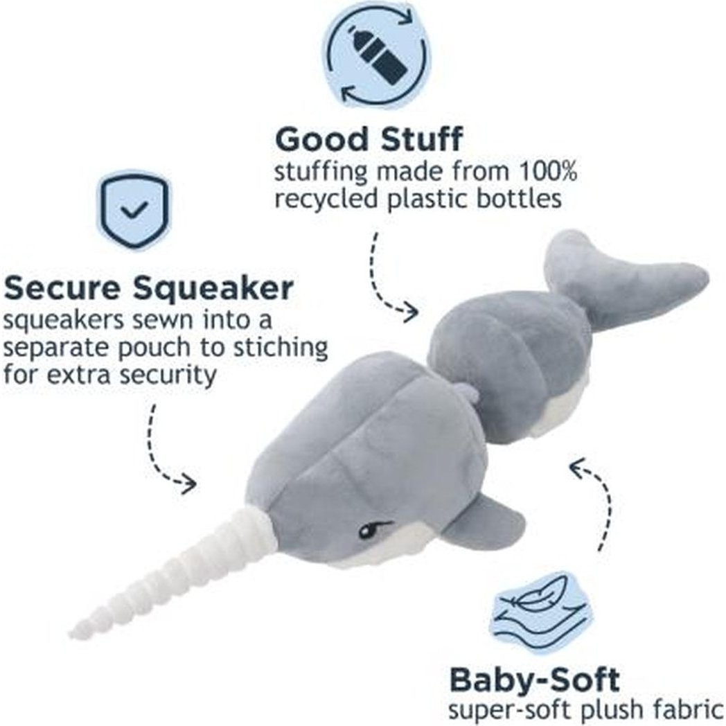 A side view of the Tall Tails Narwhal Jointed Shake Play Dog Toy showing the secure squeaker feature and baby-soft fabric against a white background.