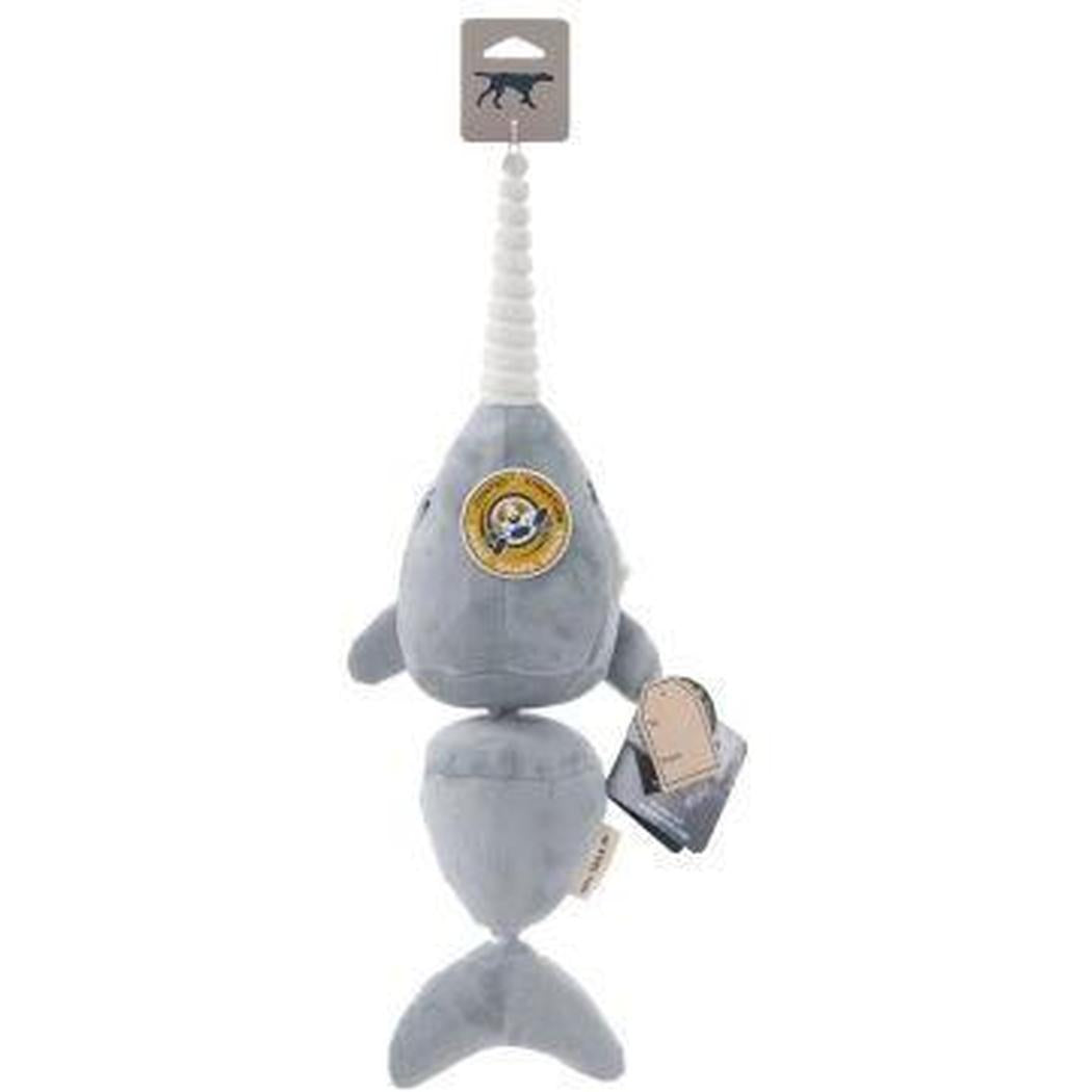 A front view of the Tall Tails Narwhal Jointed Shake Play Dog Toy with a tag and a white background.