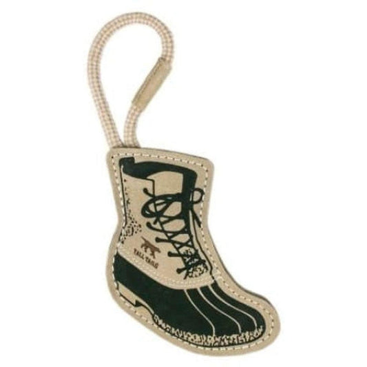 A natural leather boot tug toy with a rope loop, showing the boot design and stitching against a white background.