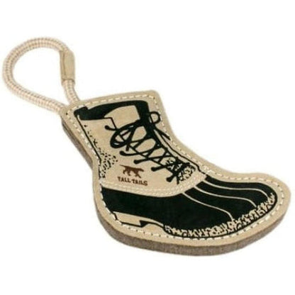 A natural leather boot-shaped tug toy with "Tall Tails" text and a rope loop, shown from a top-down angle against a white background.