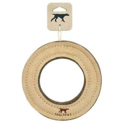 A natural leather ring toy from Tall Tails with a dog logo on the tag and a brown dog logo on the toy itself.