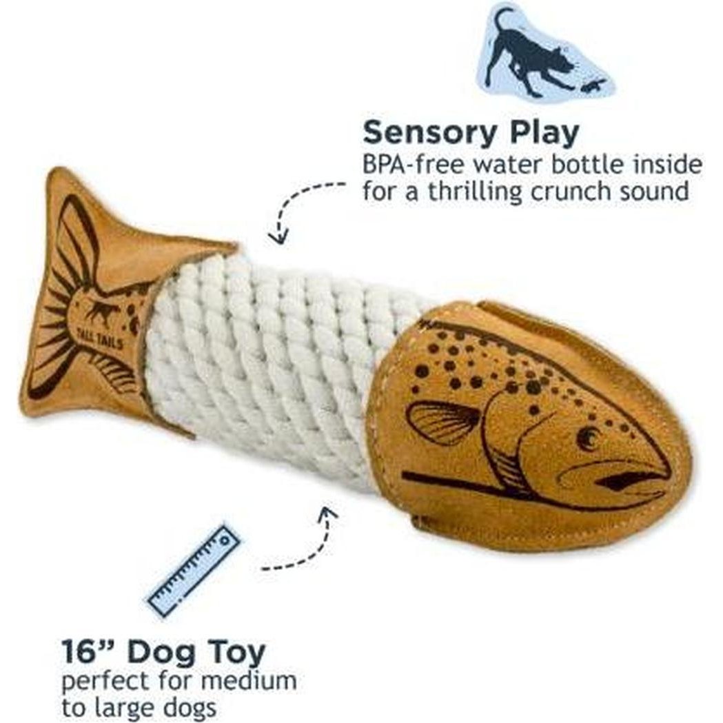 A 16” Tall Tails Natural Leather Trout Rope Tug Dog Toy with a BPA-free water bottle inside for sensory play, shown in a side view against a white background.