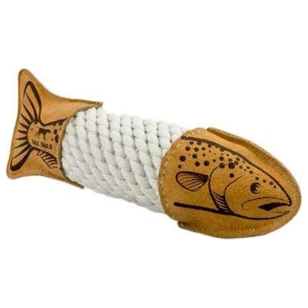 A natural leather trout rope tug dog toy with a white rope body and brown leather head and tail, showing the "Tall Tails" logo on the tail.