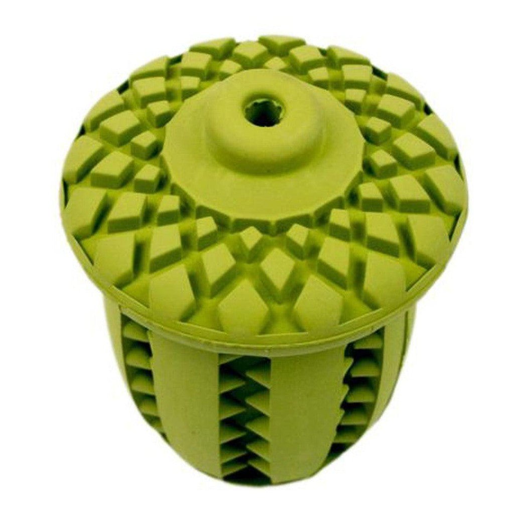 A top-down view of the Tall Tails Natural Rubber Acorn Toy - 3" in green showing its textured surface and central hole against a white background.