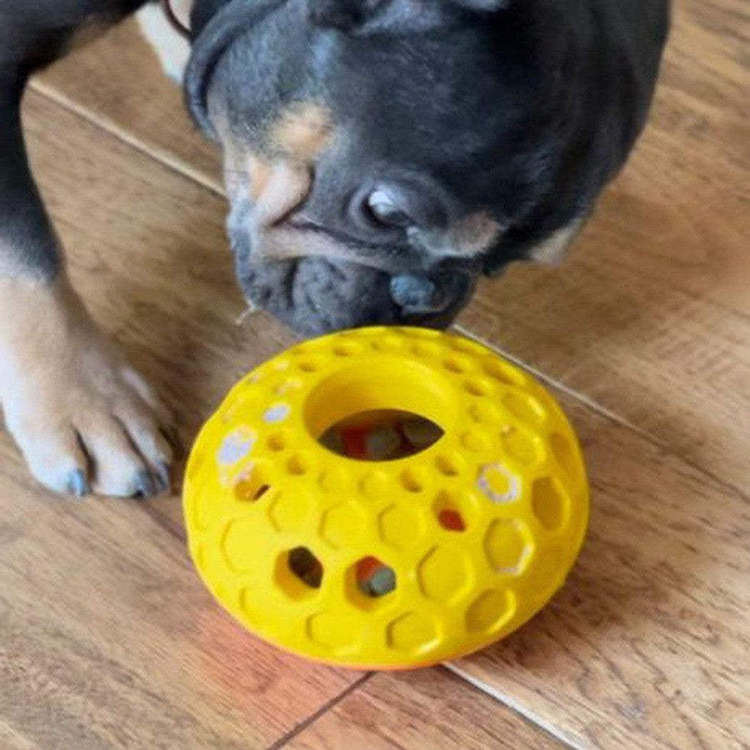 A black and tan dog sniffs a yellow Tall Tails Natural Rubber Bee Hive Toy on a wooden floor.