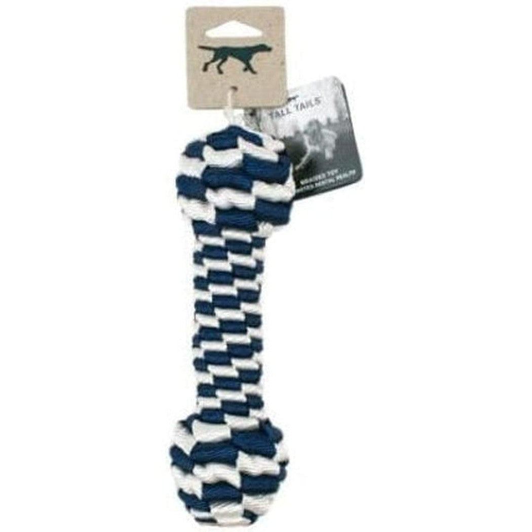 Navy and white braided bone toy from Tall Tails hanging on a card with a dog logo against a white background.