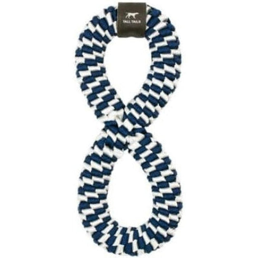 Navy and white braided Tall Tails Infinity Tug Toy with a dark tag at the top, photographed against a white background.