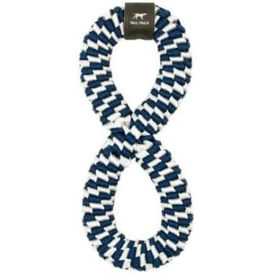 Navy and white braided Tall Tails Infinity Tug Toy with a dark tag at the top, photographed against a white background.